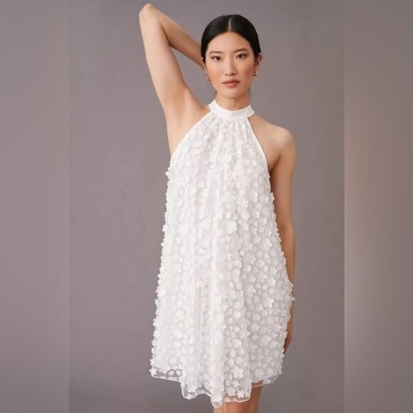 Eva Franco Dresses & Skirts - Anthropologie Eva Franco Floral Appliqué Swing Halter Neck White Sleeveless Mini